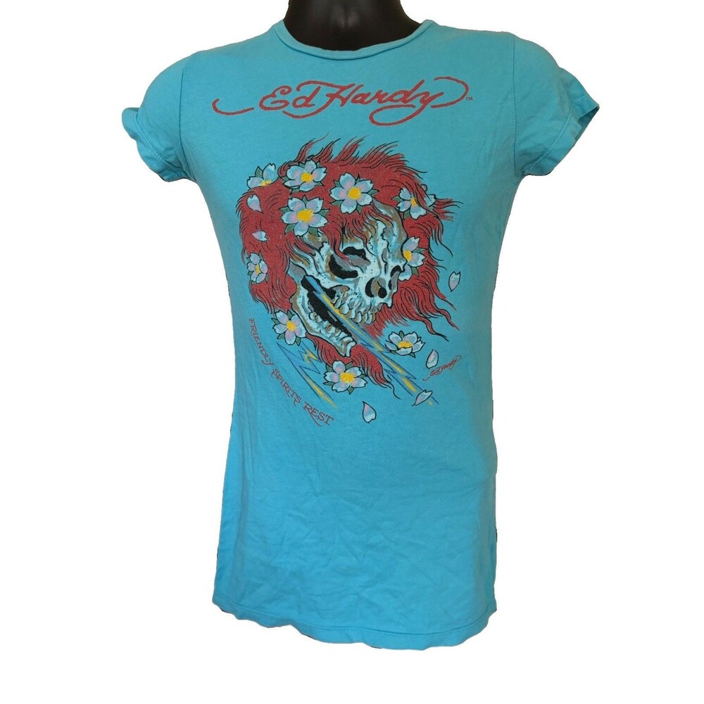 Ed Hardy Beautiful Ghost Friendly Spirits Rest T Shirt Size M Blue Tattoo Y2K
